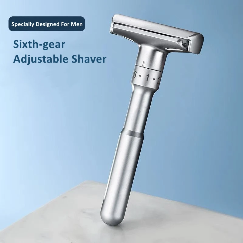 Verstellbarer Rasierer für Herren, Sicherheitsrasierer, Doppelkante, klassische Herrenklinge, 1–6 Gänge, titanbeschichtete Klingen mit 5 Stück, universell