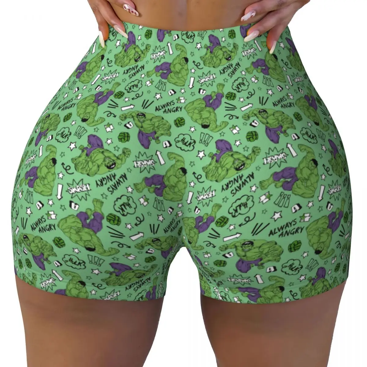 Pantalones cortos personalizados de la yoga del entrenamiento atlético de las mujeres de los pantalones cortos del gimnasio del voleibol que corren el arte cómico de Hulk
