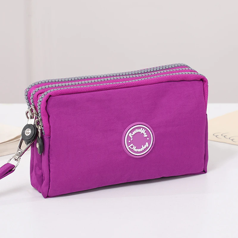 Fashionable Portable Three-Zip Plain Color Handbag for Women's Mobile Phone Wallet for Traveling