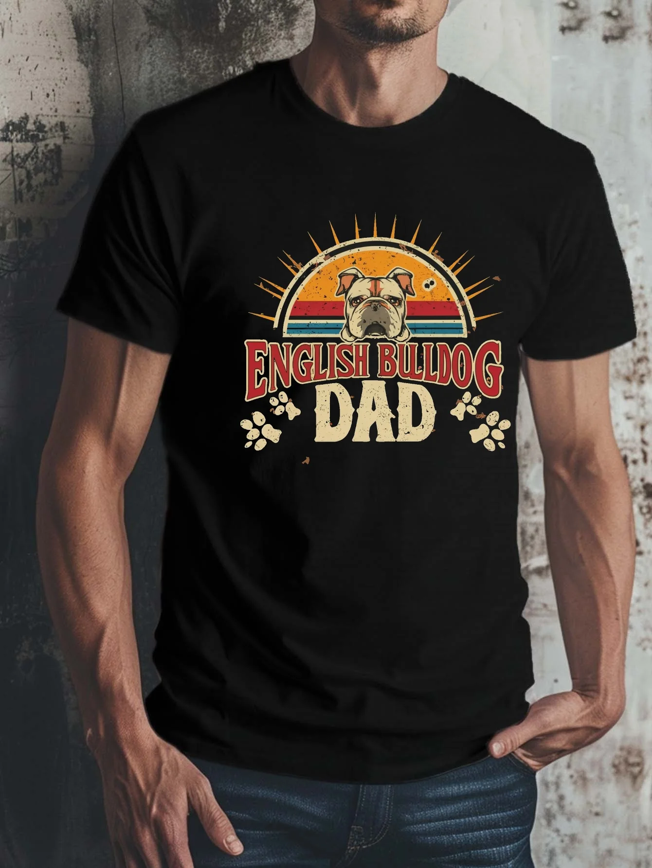 

Мужская повседневная футболка из чистого хлопка с принтом «Закат» английского бульдога и папы с короткими рукавами и графическим принтом
