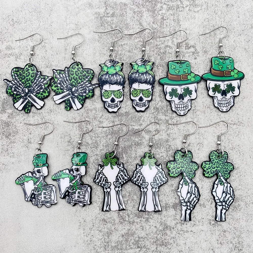 Saint Patrick's Day Earrings Halloween Skull Girl Head Irish Acrylic Earrings for Girls Women Children Birthday Gift Jewelry