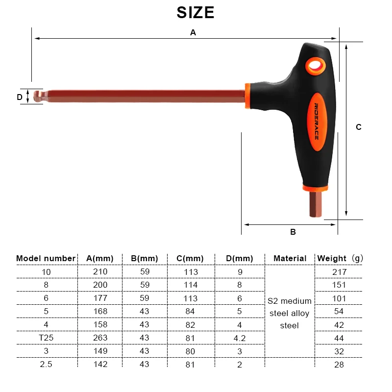 RIDERACE Bicycle Allen Hex Key Wrench Hand Repair Tools T Handle 2.5/3/4/5/6/8/10mm T25 S2 Steel Ball Head Inner Hexagon Spanner