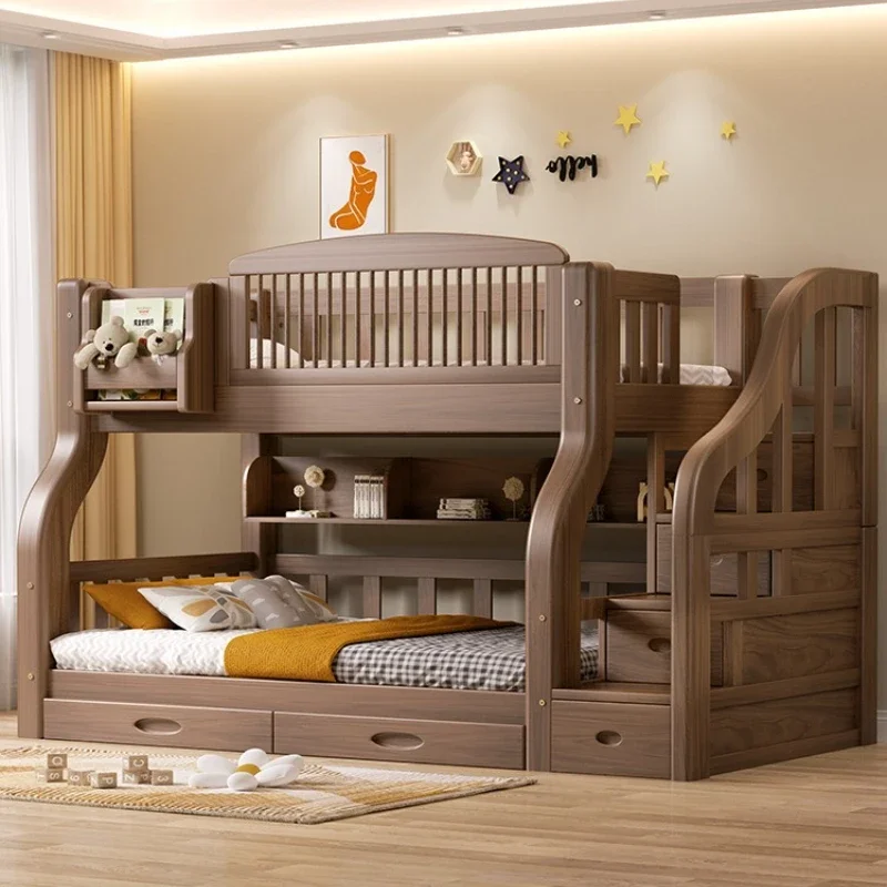 Full solid wood upper and lower beds Children's beds High and low Walnut bunk  Mother and child