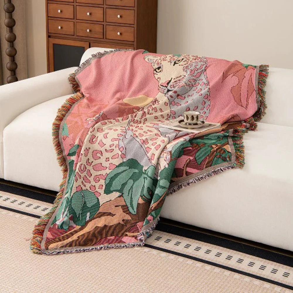Brand Pink Leopard Quilted Sofa Blanket Cotton Blend Snow Leopard Cheetah Pattern Boho Tapestry Travel Beach Towel Nap Cover