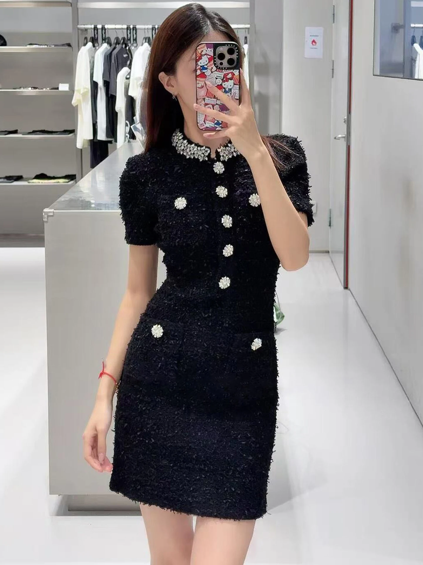 

Heavyweight Knitted Diamond Embellied Waist Cinched Hepburn Sle Dr Ele Simple High Waist Commute Suitable mid Autu...