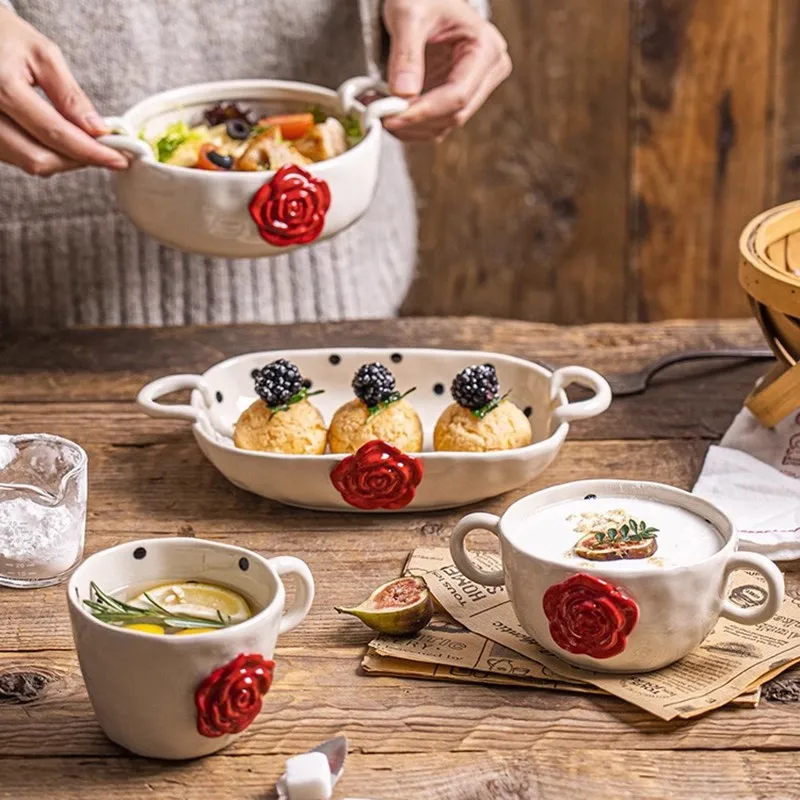 Handmade Ceramic Black Dot Plate, Full Tableware, Double Ear Salad Bowl, Household Dinner Dishes Decoration, Rose Baking Tray