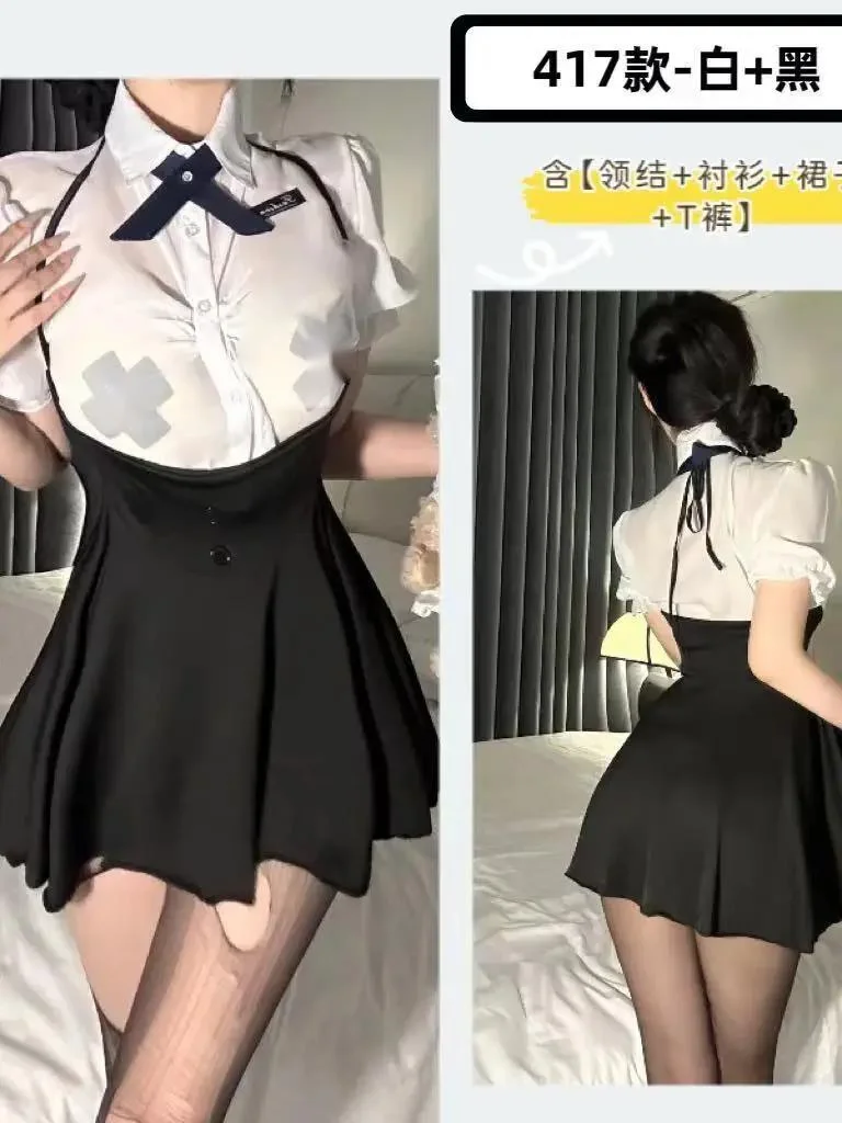 Adrette Art würzige Mädchen Campus Student JK Uniform sexy reine Wunsch transparente Sekretärin Verführung Pyjama Kleid elegant 3rgk