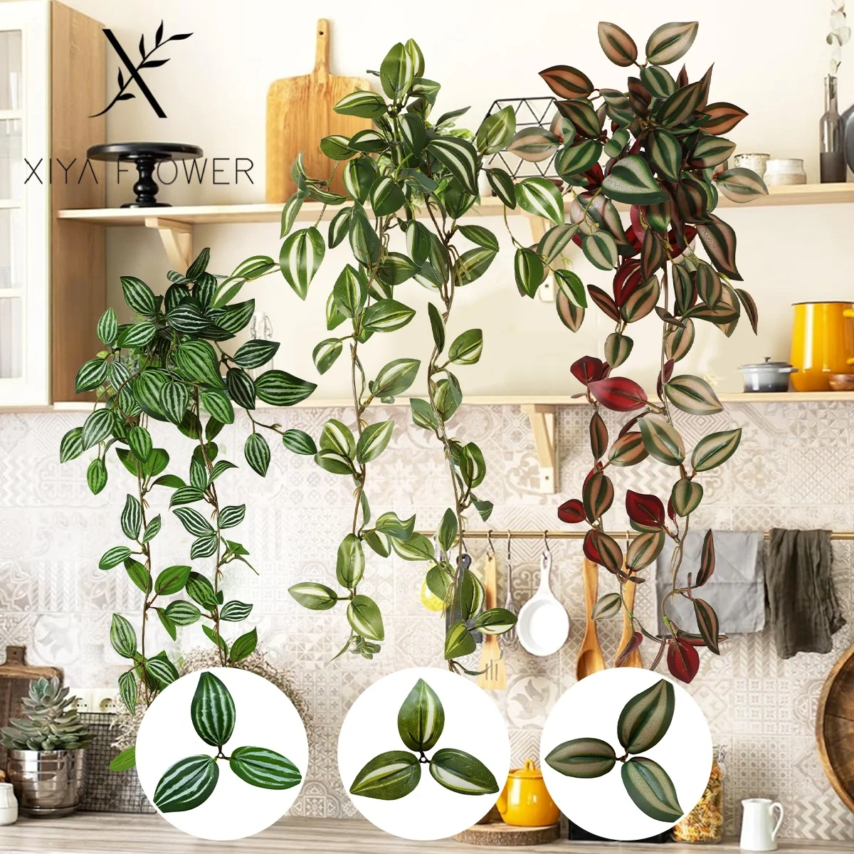 XIYA FLOWER Künstliche Hängende Graspflanze Zebrina Peperomia Fittonia Künstliche Pflanze aus PE-Material für Heim- und Gartendekoration – Detail 6