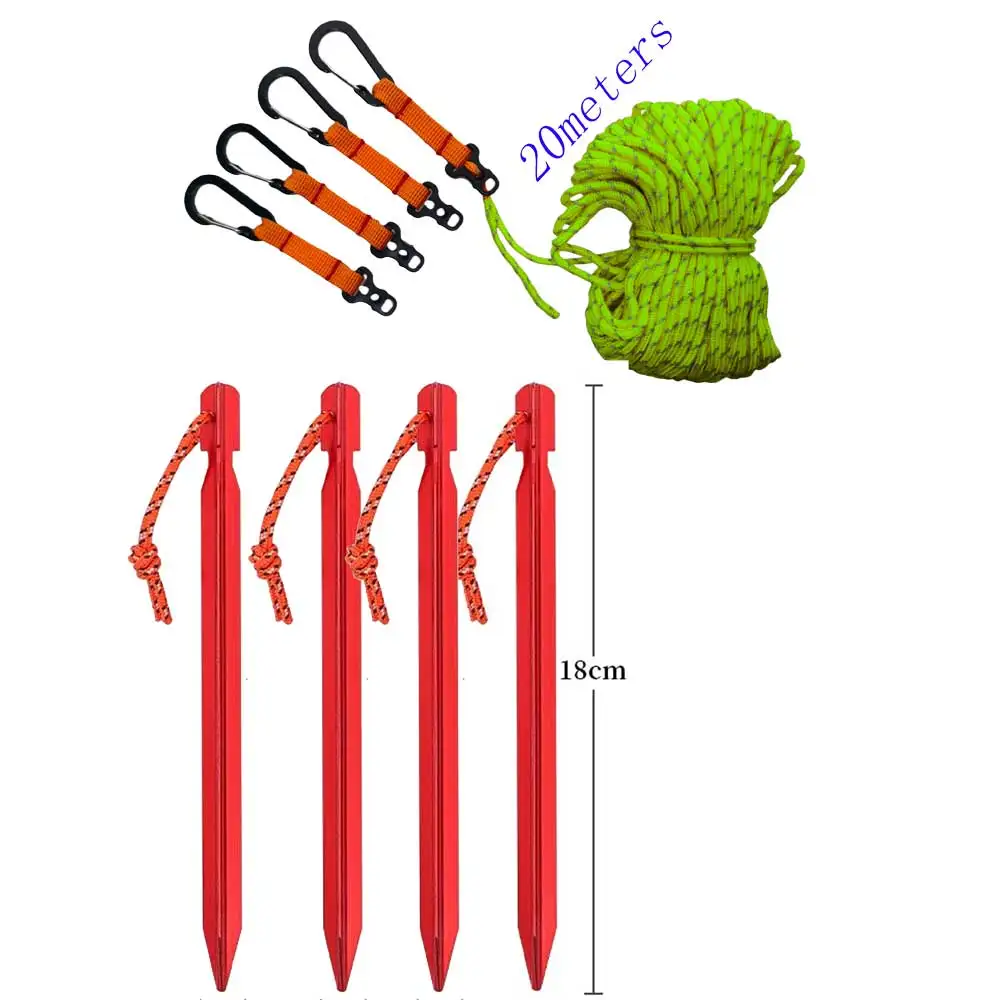 20M Tent Rope Set w/ 4PCS 18cm Aluminum Alloy Stakes Hooks Camping Canopy Windproof Guy Lines Kit for Tent TarpSun Shade Shelter
