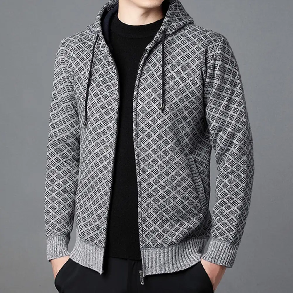 Vêtements d'extérieur tricotés résistants au froid pour hommes, chauds, automne-hiver, petits motifs à carreaux, fermeture éclair, patte de boutonnage, pour l'extérieur