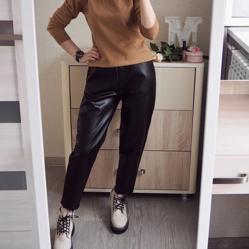 

Black Faux Leather Pants Female PU Elastic Waist Harem Pants New 2023 Fall Winter Streetwear Plus Size Solid Chic Trousers Women