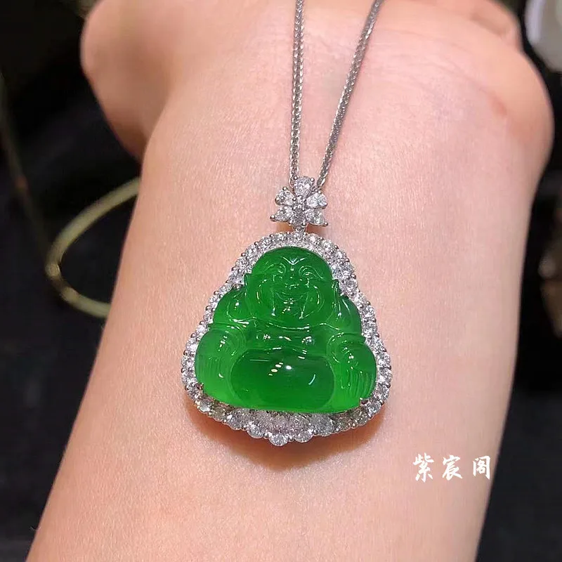 Myanmar Jade Pendant High Ice Sun Green Laughing  Glass Type Maitreya Buddha Hanging Ornament