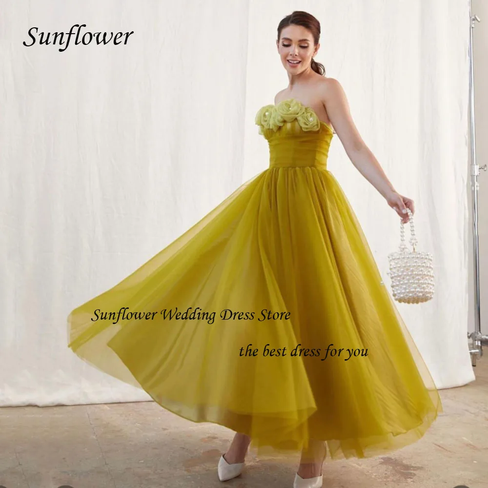 Sunflower Flowers Strapless A-LINE Formal Wedding Dress 2023 Slim Tulle Backless Ankle-Length High-end Custom Prom Gowns