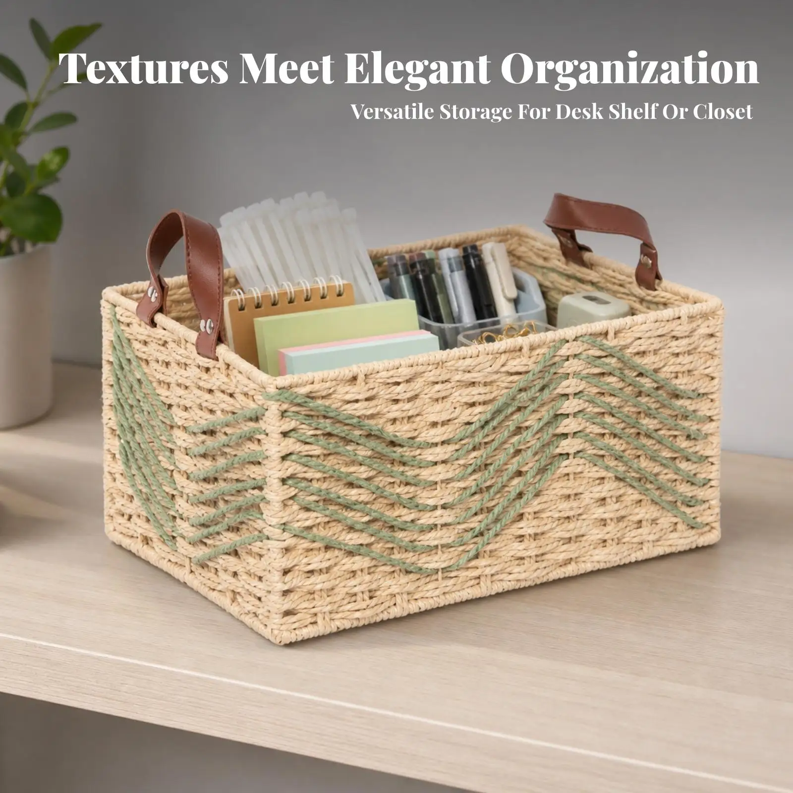 Rectangular Storage Basket with Leather Handles Open-Top Desktop Braided Storage