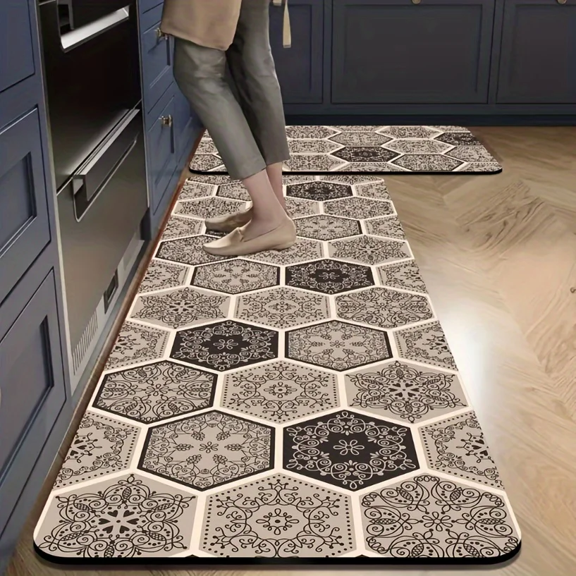 VIKAMA 2PC Mediterranean Blue White Hexagon Tile Kitchen Mat Moroccan Style Non Slip Durable Runner Rug Entryway Decor