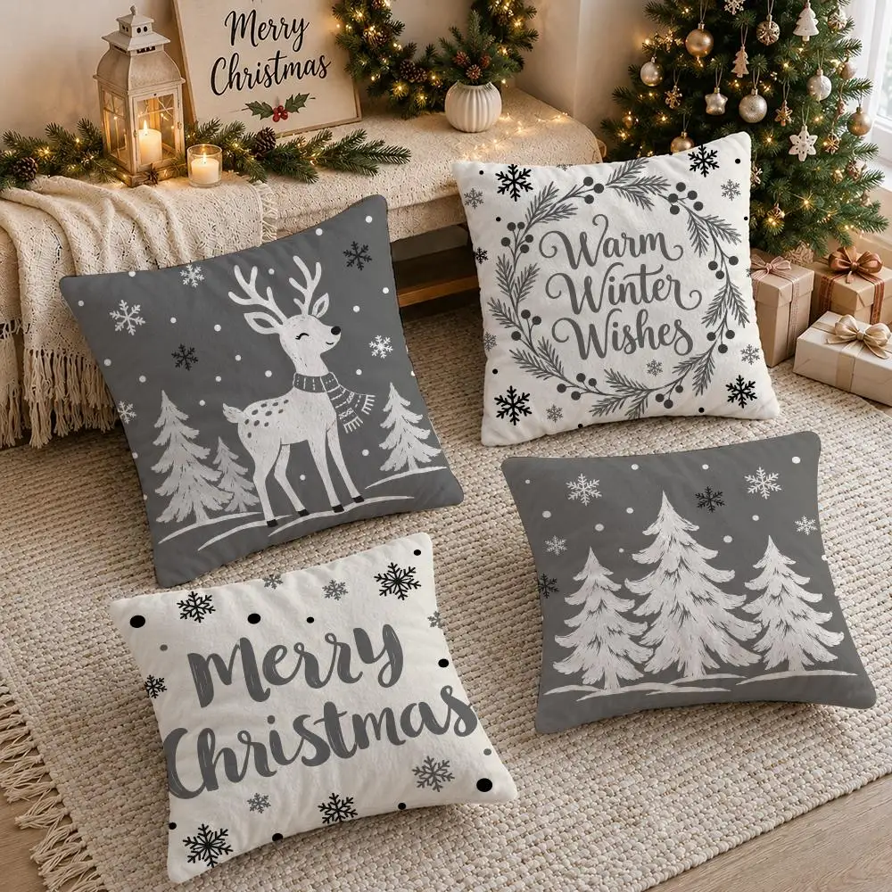 4PC Grey White Snowman Christmas Cushion Cover Soft Plush Double-Sided Print Pillow Case Home Decor for Sofa Living Room Gift