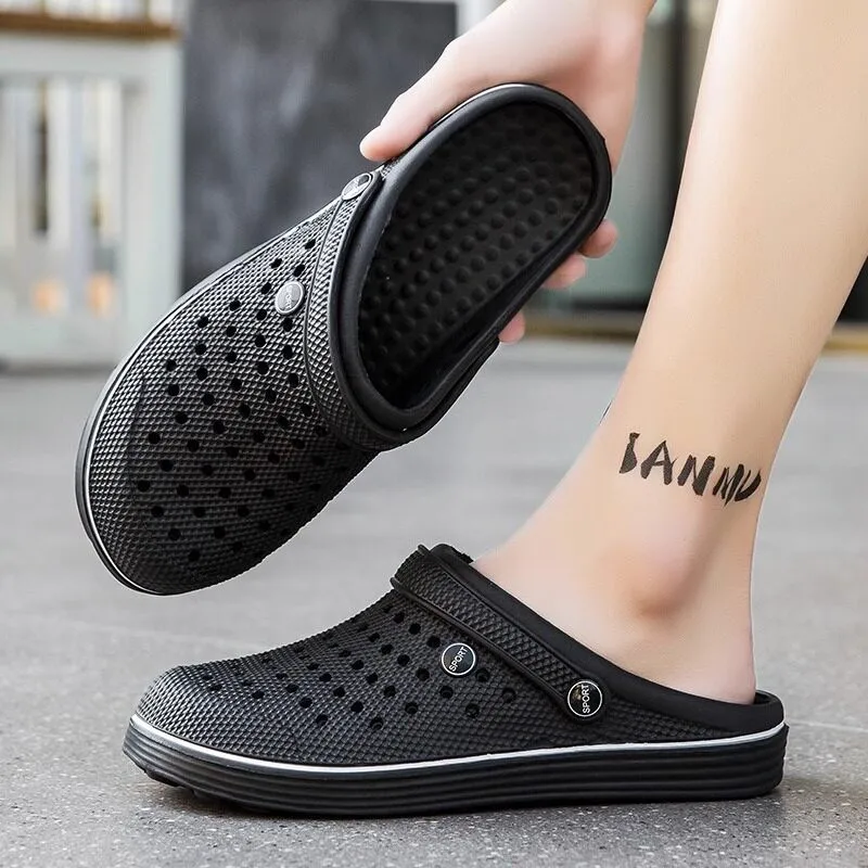 Men's Summer Non-Exposure Toe Slip-On Sandals Outdoor Sports Shoes Anti-Slip Deodorant Wearing Comfortable Hollow out Design