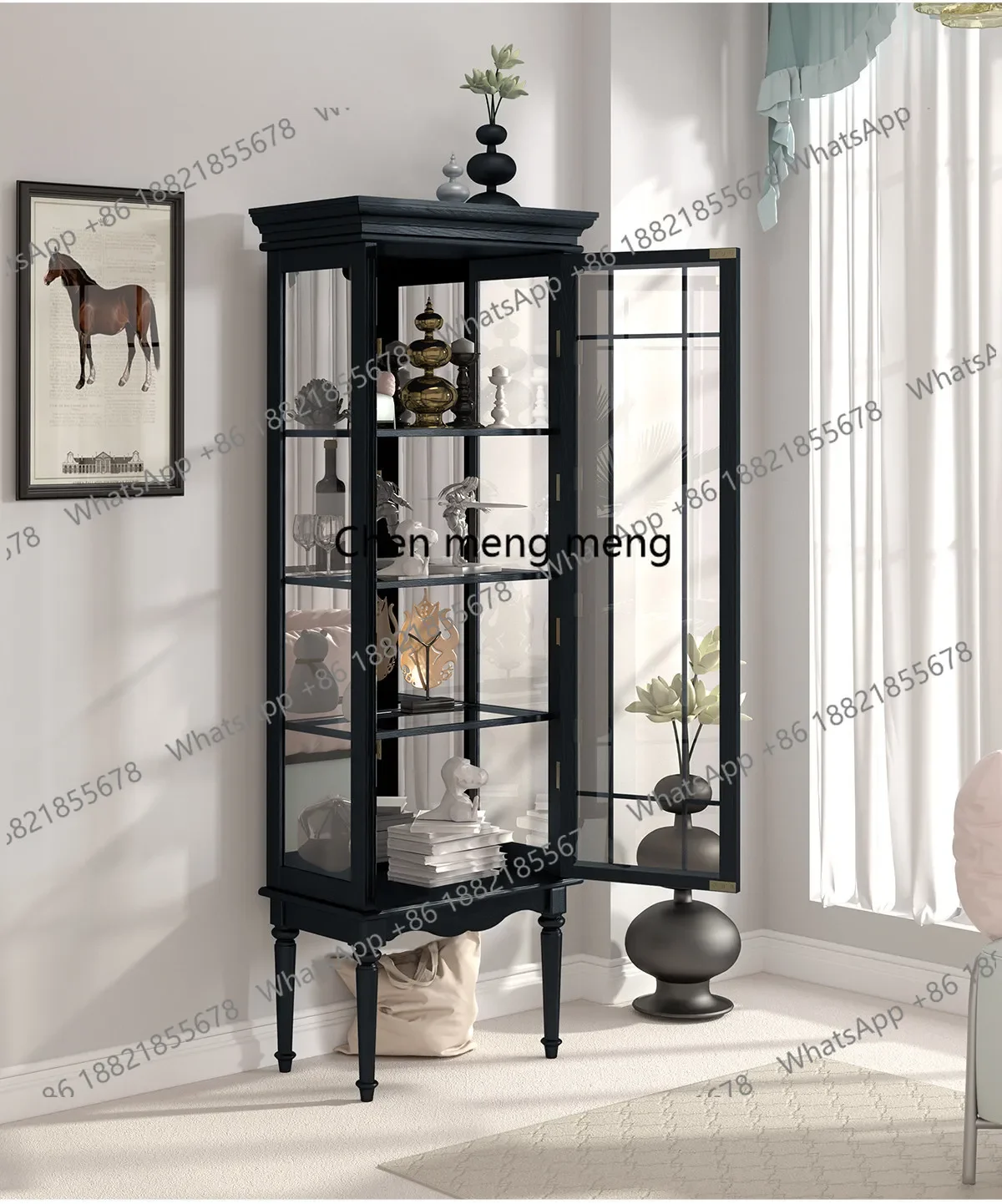 

Discount American retro black wine cabinet glass door living room solid wood display storage locker display cabinet