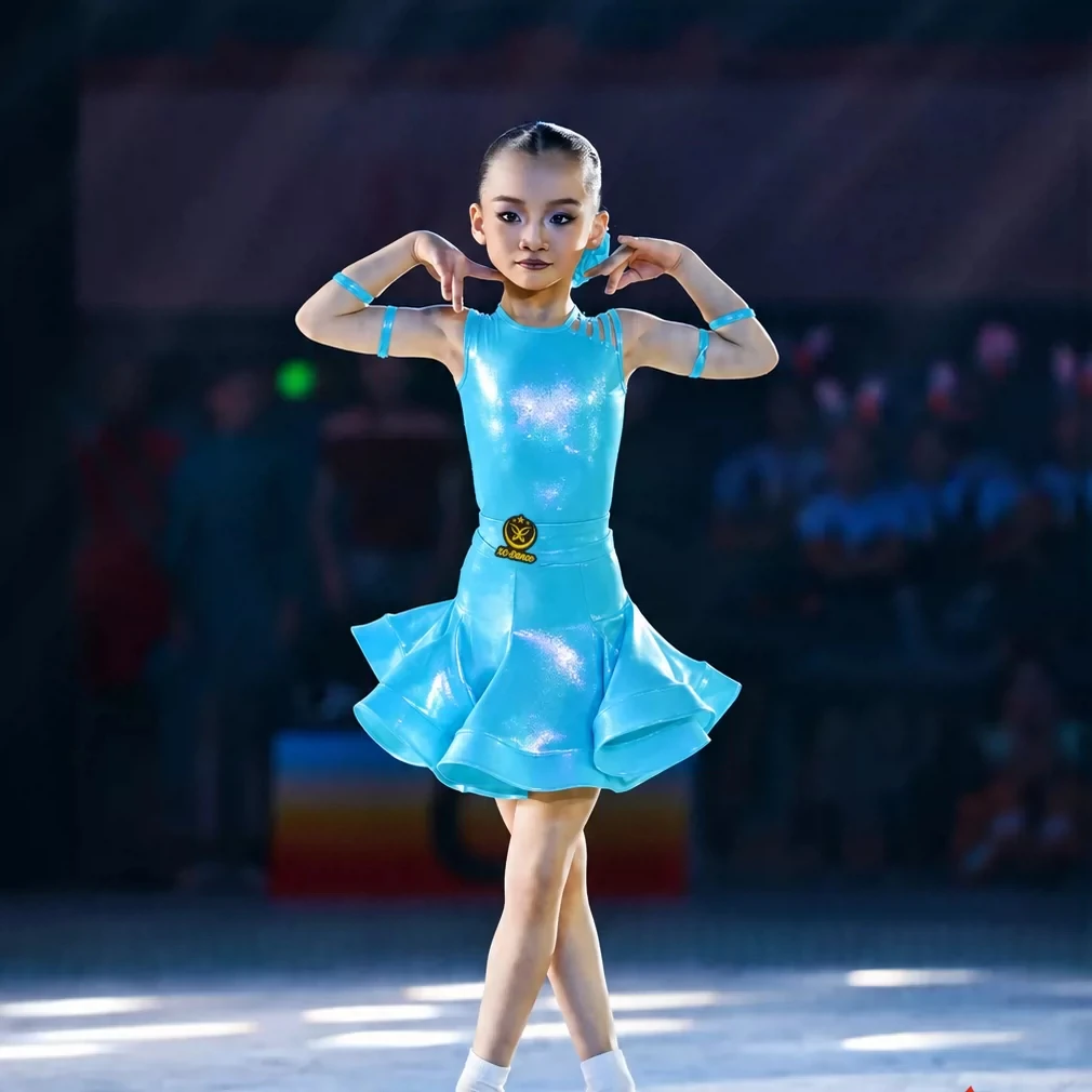 Fashion Girls Latin Dance Professional Dress Bright Blue Latin Dance Dress Children National Standard Ballroom Dance Wear 16464