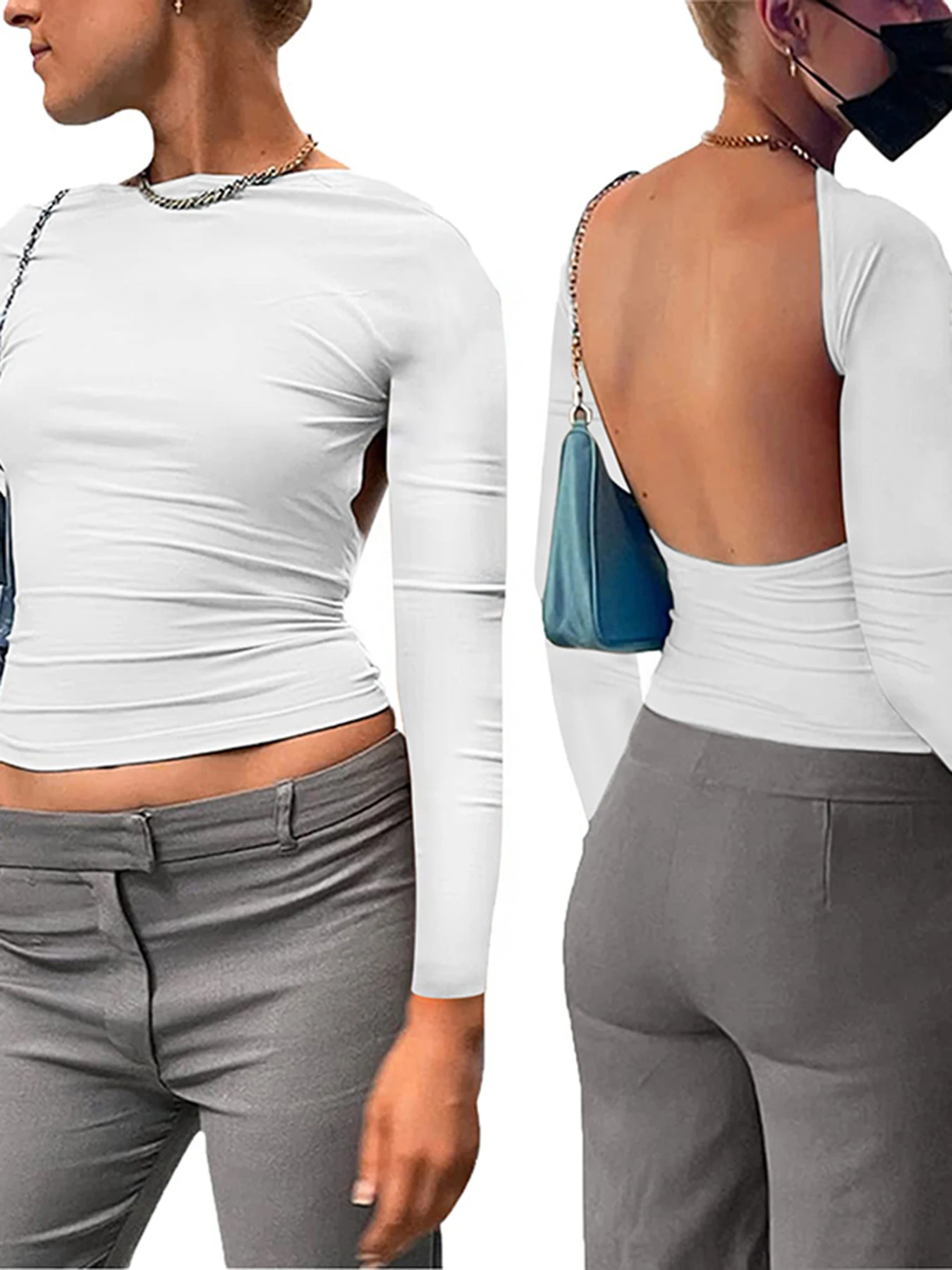 الخريف المرأة تي شيرت طويل الأكمام س الرقبة أسود مثير عارية الذراعين بسيط المحاصيل الأعلى عادية Bodycon موضة الصلبة الأساسية تي شيرت الإناث #6