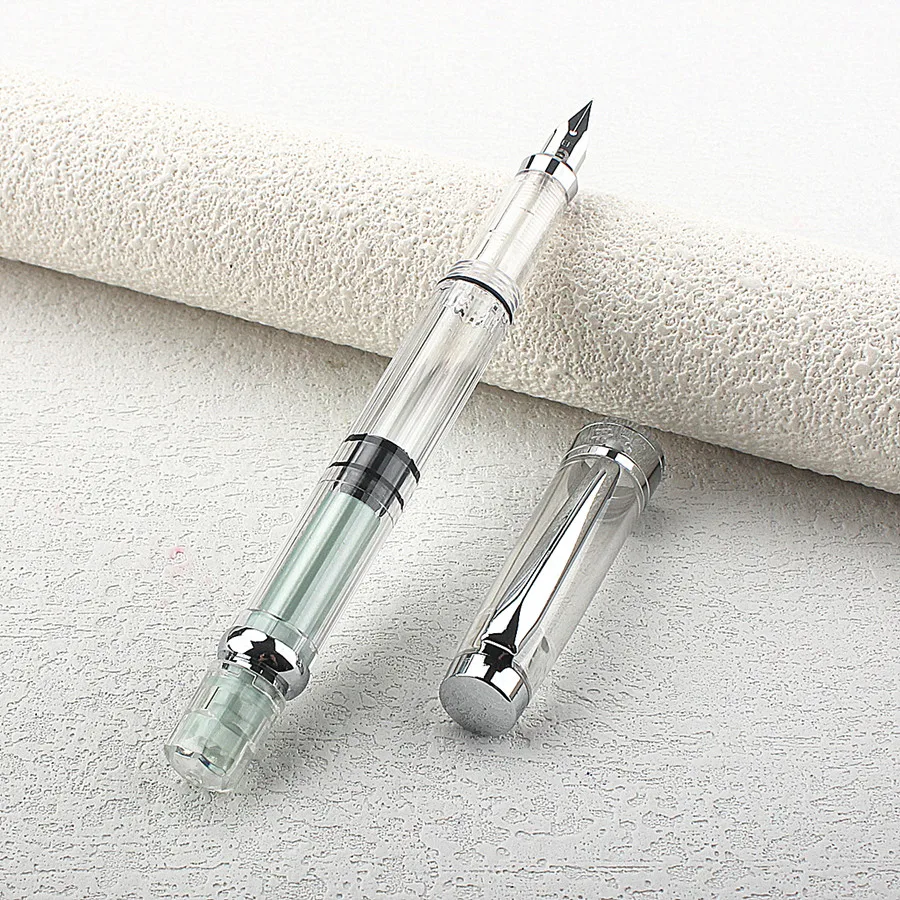 Yongsheng 3008 Piston Fountain Pen Clear Transparent Acrylic Barrel Silver Trim Visible Ink Window 0.38MM Nib Writing Stationery