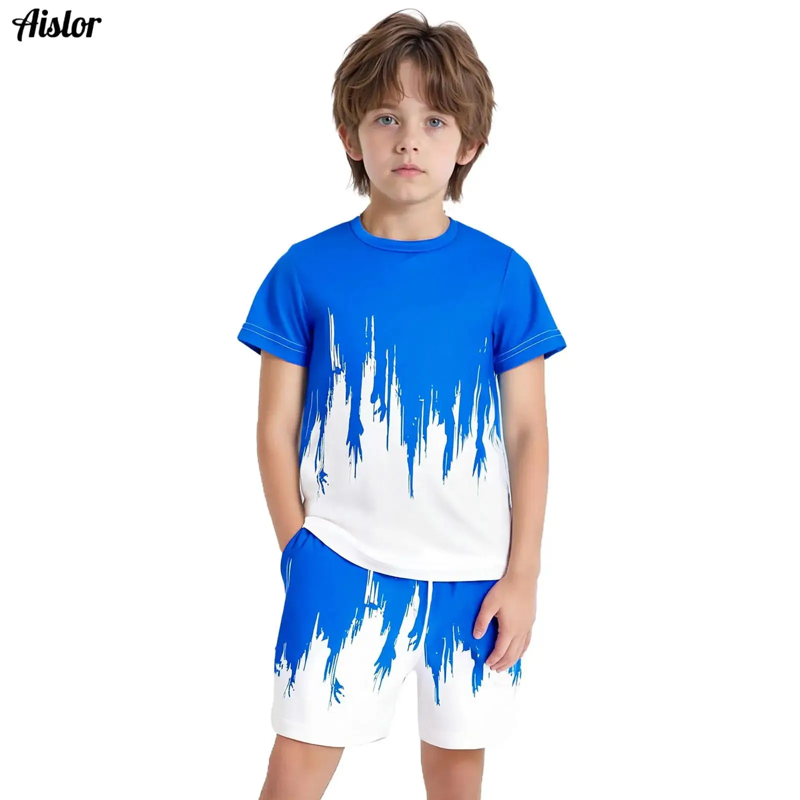 

Kids Boys 2-Piece Print Gradient Sports Suit Quick-Drying Athletic Outfit Short Sleeve T-shirt+Drawstring Elastic Waist Shorts