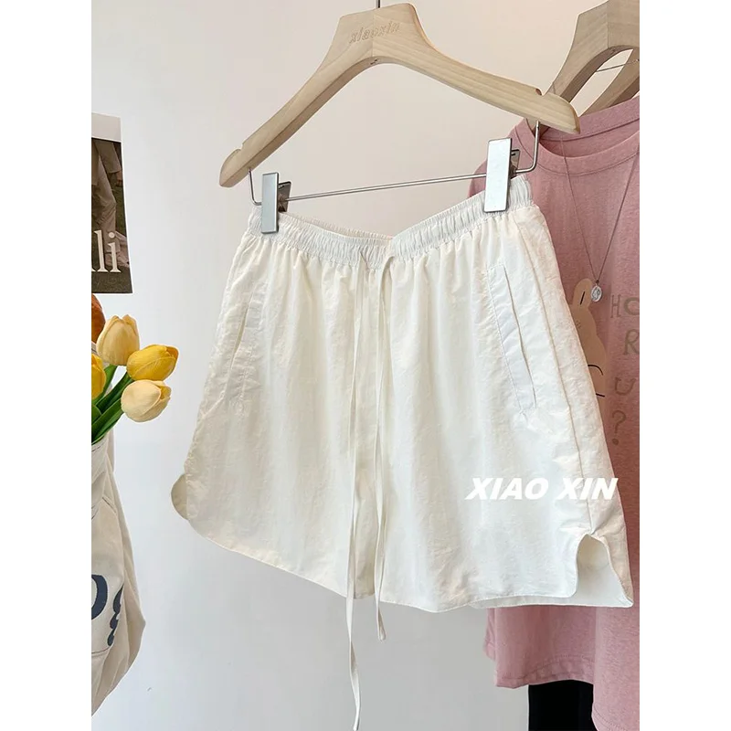 Summer Office Lady Thin Solid Loose Casual Drawstring Motion Shorts Women Fashion Breathable Lazy Comfortable Wide Leg Shorts
