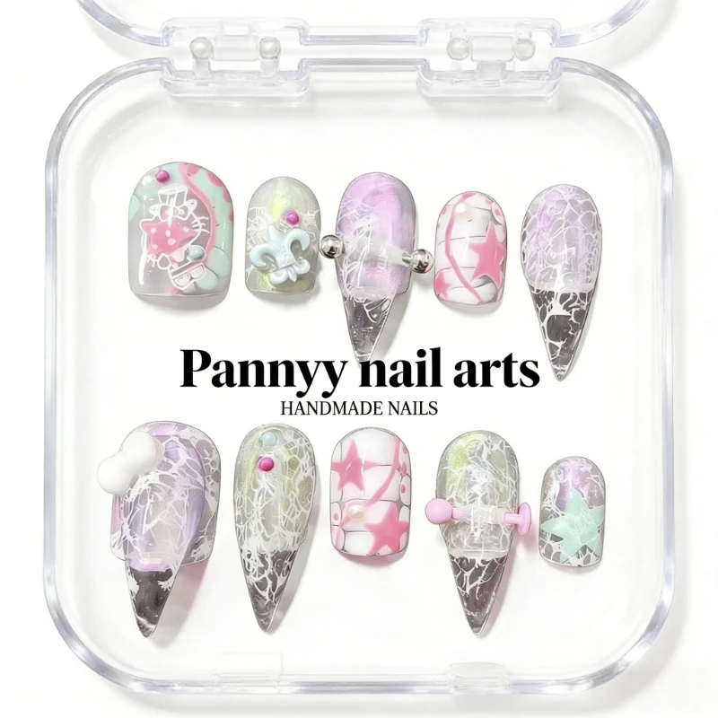 

Mixed Shape Handmade Press on Nails Pastel Kawaii KittyCat Theme with 3D Bow & Spider Web Decor Cute Fake Nails for Girls