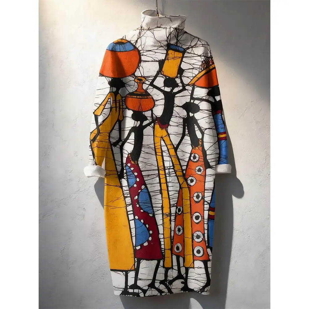 

Ethnic African Art Print High-Neck Long Dress Women's Retro Bohemian Style Loose Casual Knee-length Skirt Fashion Vacation Dress