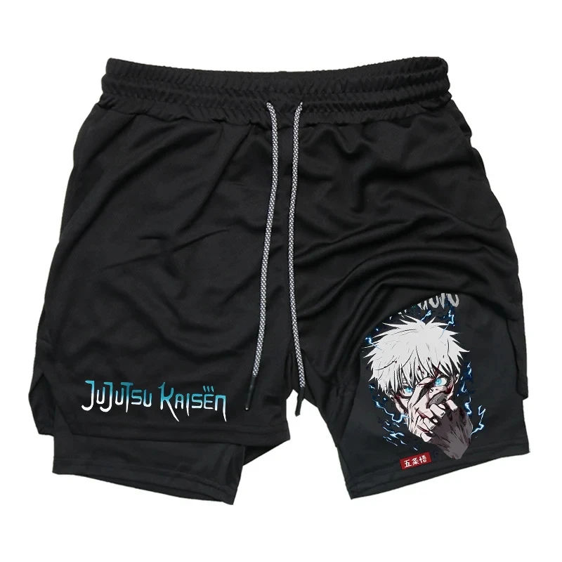 Anime Jujutsu Kaisen 2 in 1 Compression Shorts for Men Athletic Quick Dry Performance Shorts with Pockets Gym Workout Fitness