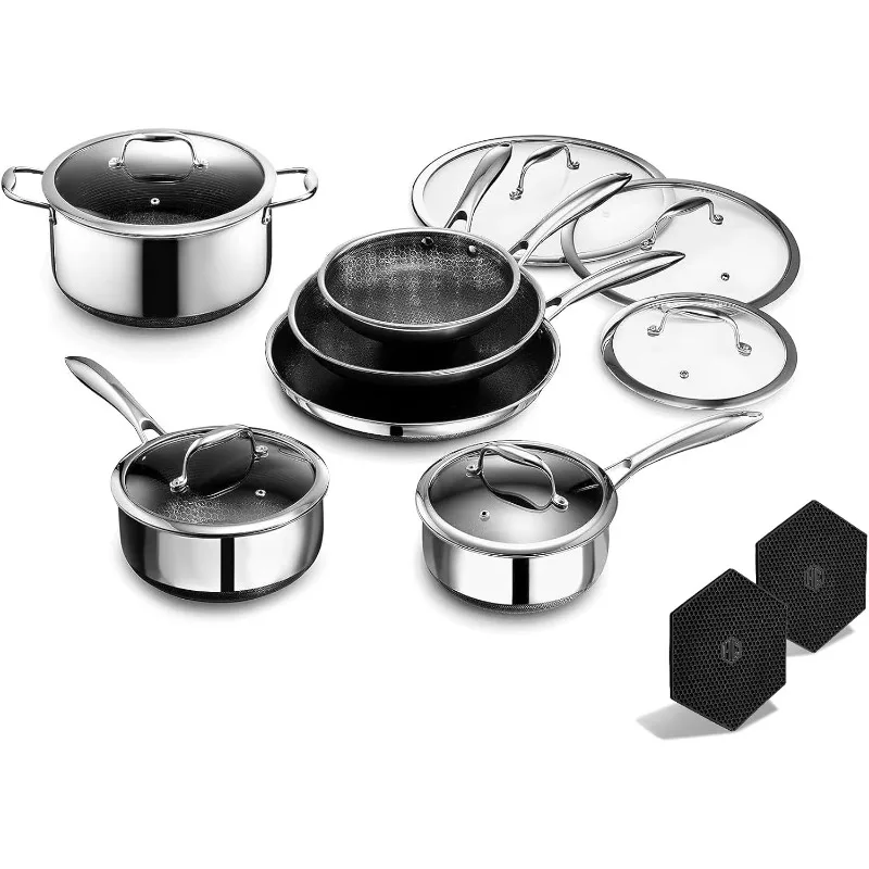 12 Piece Hybrid Stainless Steel Cookware Set - 6 Piece Frying Pan Set and 6 Piece Pot Set with Lids, Stay Cool Handles