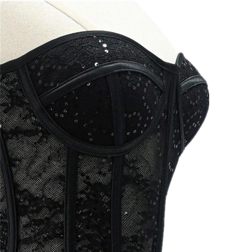 

Women sequin Corset Bustiers Strapless With Bra Transparent Mesh Lace Up Boned Bodices Waist Girdle Tummy Control Tight Tops