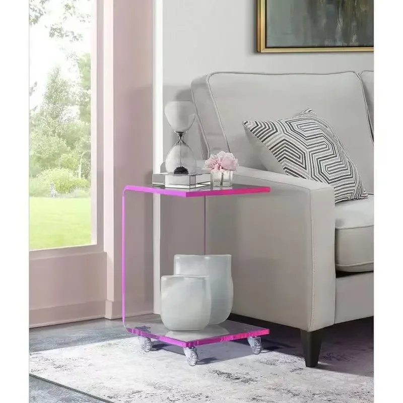 Modern C-Shaped Acrylic Transparent End Table with 4 Wheels Nightstand for Home Furniture Storage for Living Room Bedroom