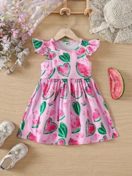 1-3 Year Old New Baby Girl Summer Flying Sleeves Cute Watermelon Print Waist Fold Dress