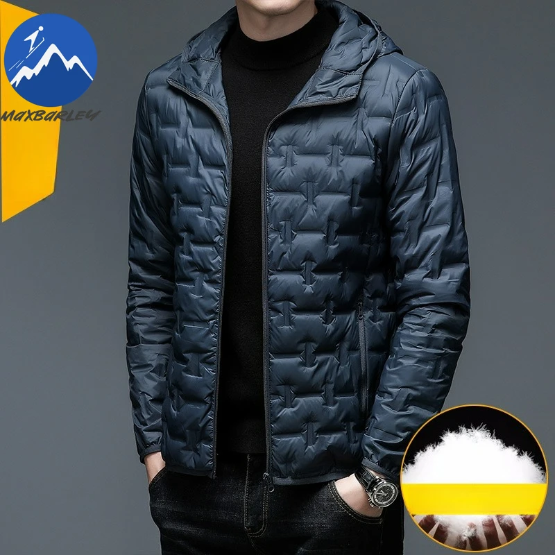 Maxbarley Winter Men Down Jacket Classic Hooded 90% White Duck Down Warm Windproof Coat Fashion Commute Office Lightweight Parka