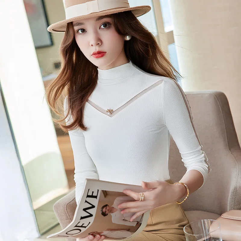 2024 New Top Women's T-shirt With Long Sleeve Slim Fit Underlay Small High Neck Knitted Hollow Out Design For Commuter Warmth