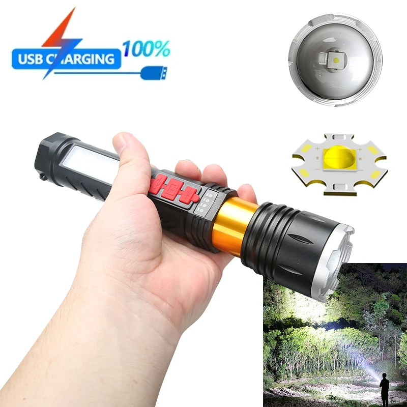 

Мощный перезаряжаемый светодиодный фонарик, 20 часов, супер мощный многофункциональный фонарик со звуком сирены