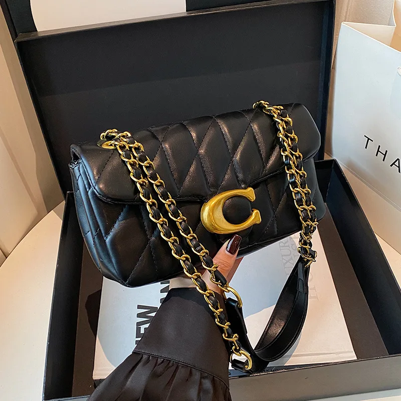 Women Quilted Leather Shoulder Bag Luxury C Logo Gold Chain Crossbody Bag Designer Small Flap Handbag Vintage Black Evening Clut