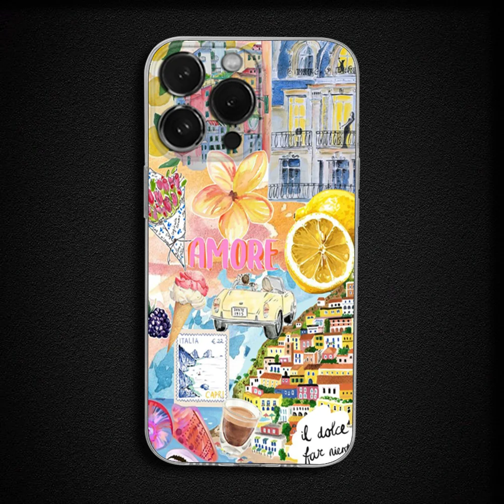 iPhone 16,15,14,13,12,11 Plus,Pro,Max,XR,XS,X,Plus,SE,Mini 투명 소프트 커버용 해변 풍경 와인 레몬 전화 케이스