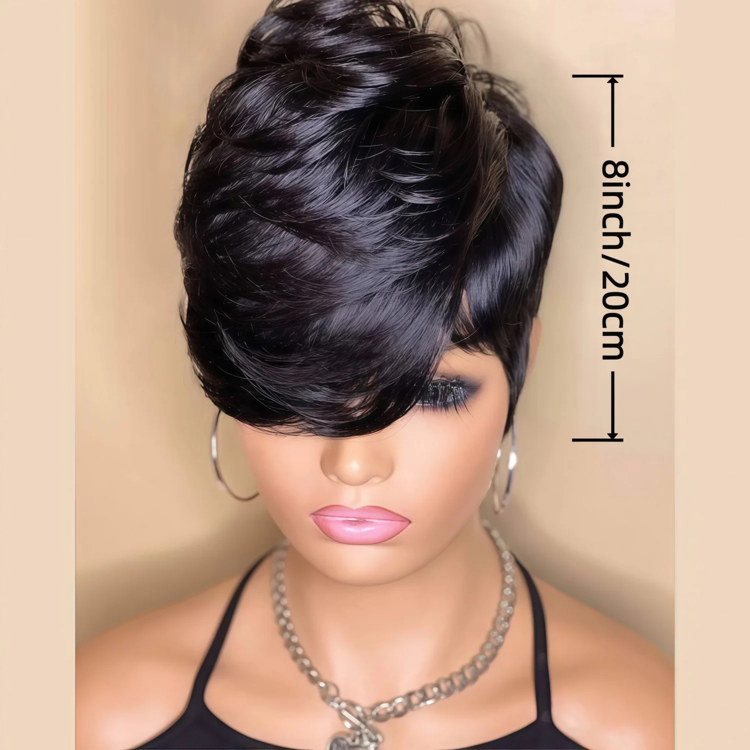 A Short Bob Wig Suitable for Elf Shaped Synthetic No Need for Glue Fixation Lace Free Forehead Design, With Bangs Black Wig