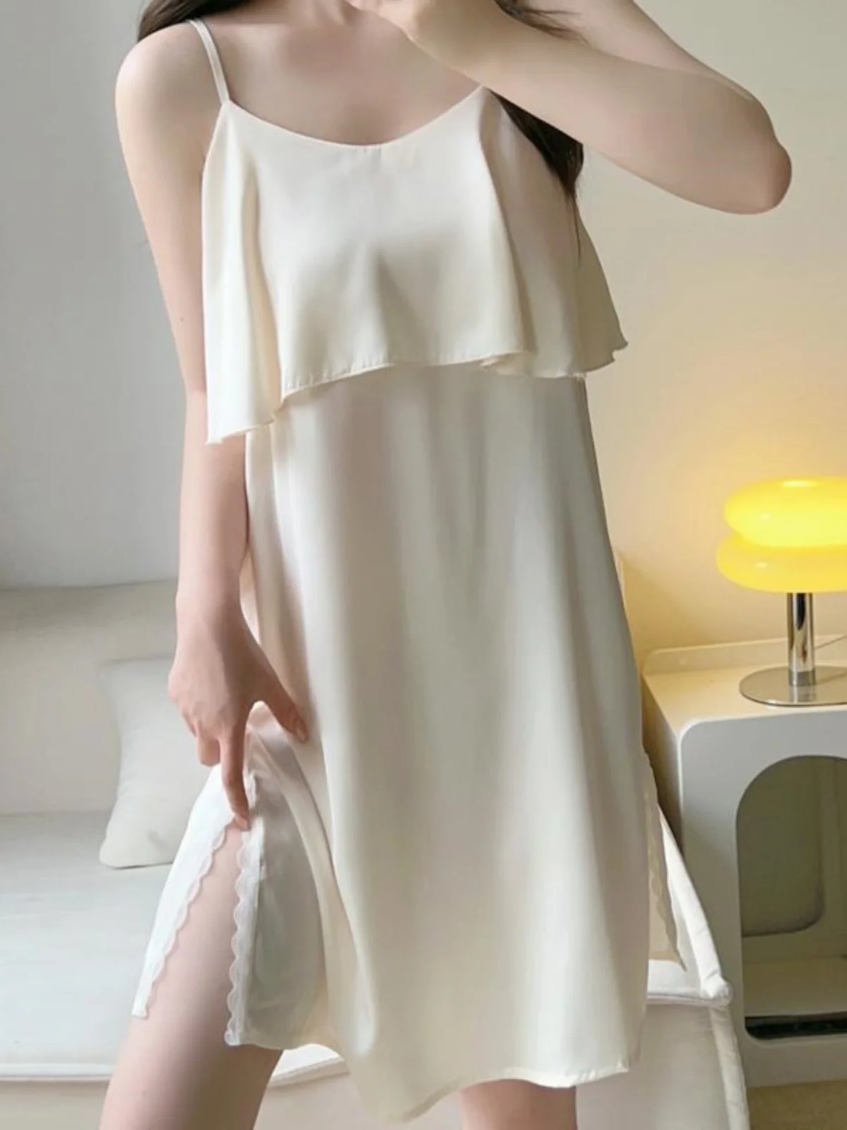 

plus Size Ice Silk Lace Trim Sleeveless Mid-Length Home Clothes Gown Women Sexy Summer Casual Home Wear Pure Color One-Shoulder