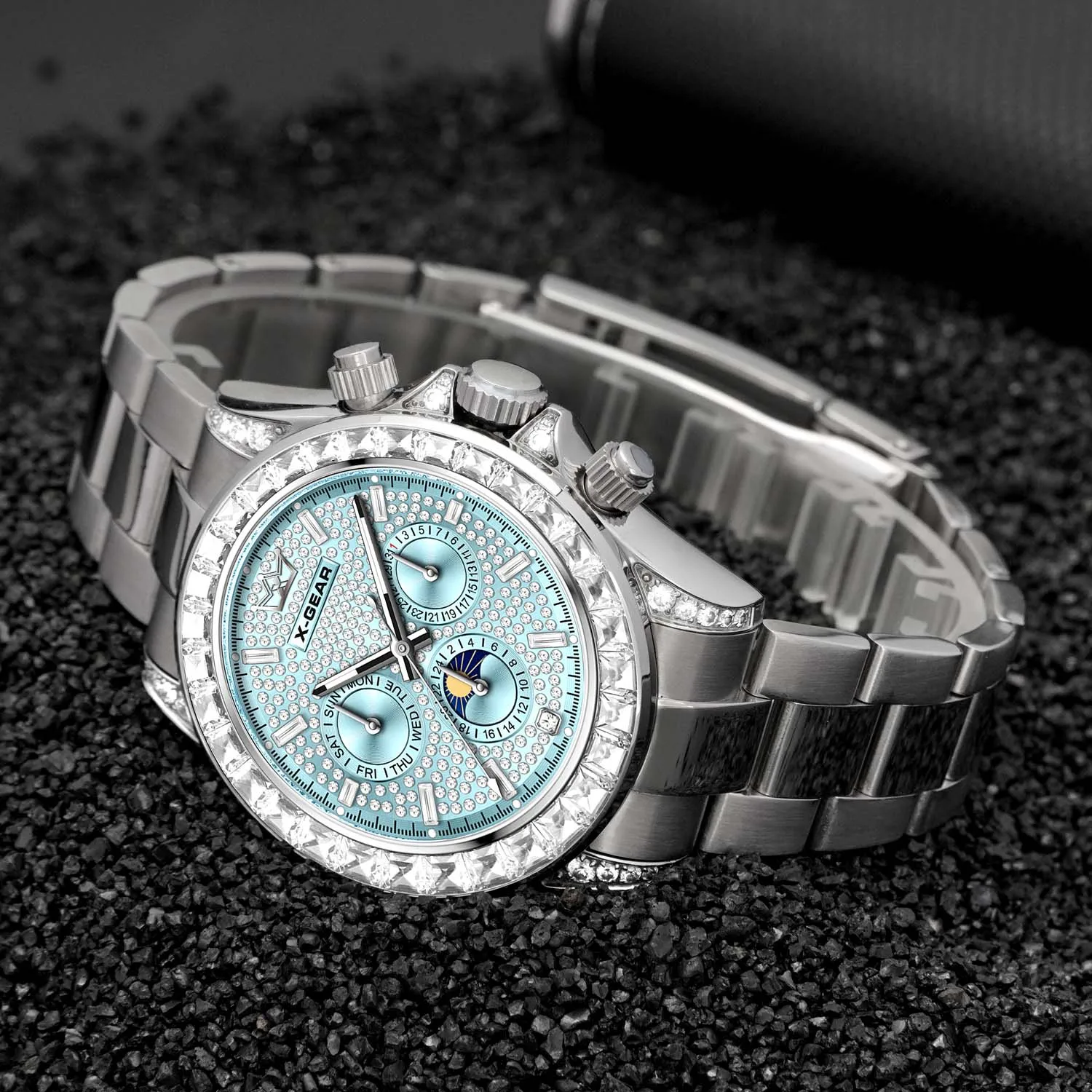 X-GEAR 패션 고급 디자인 남성용 시계 스테인리스 스틸 실버 브레이슬릿