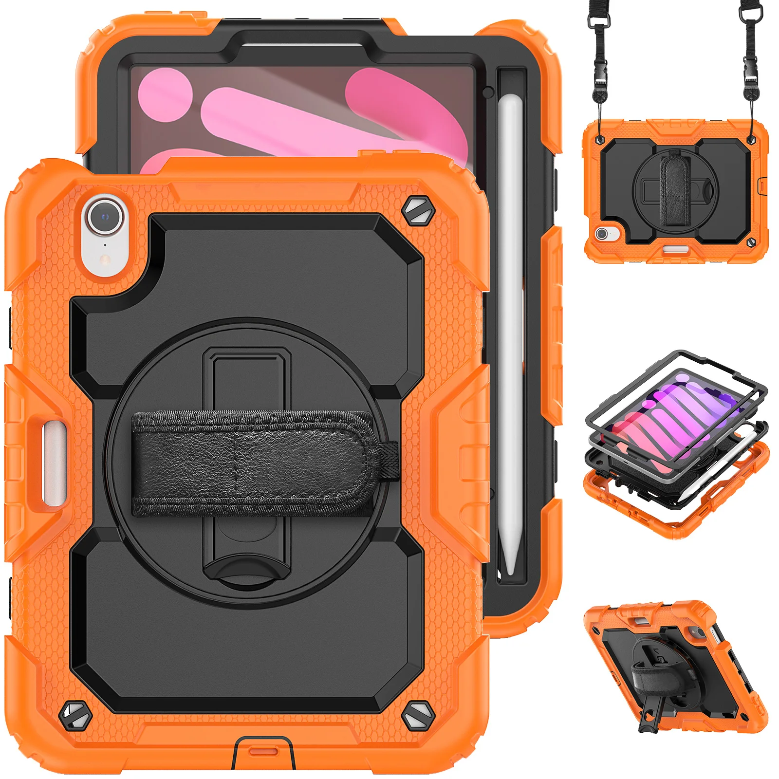 For iPad 10.2 2021 9th Generation Case mini 6 5 Air4 Pro12.9 9.7 2018 6th Heavy Duty Rugged Cover+Kickstand Hand Shoulder Strap