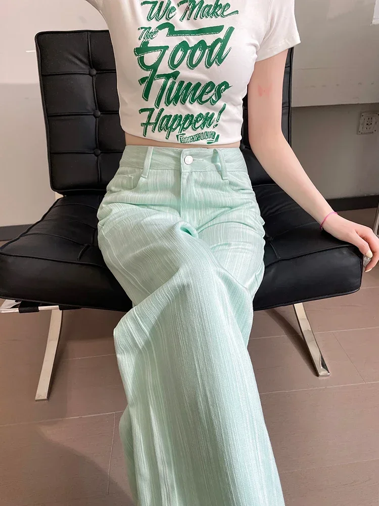 

Green Jeans Women Washed High Waist Korean Streetwear Vertical Striped Fashionable Wide Leg Full Length Comfortable Trousers