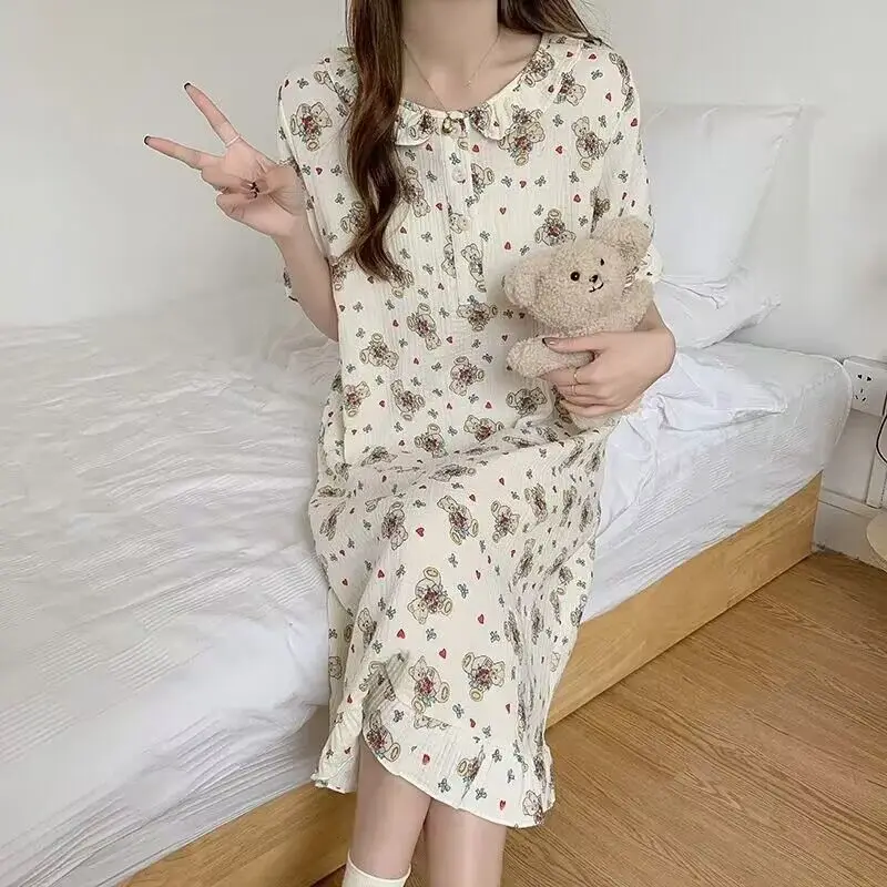 Heart Print Summer Nightgown Women O-Neck Short Sleeve Casual Long Sleepwear Loose Ruffles Midi Length Night Dress Purple