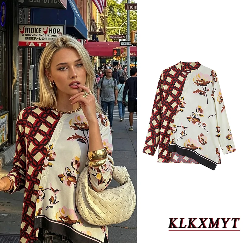 Women Fashion Print Loose Shirts Tops Women Chic Stand Collar Asymmetry Single-Breasted Full Sleeve Holiday Office Leisure Shirt