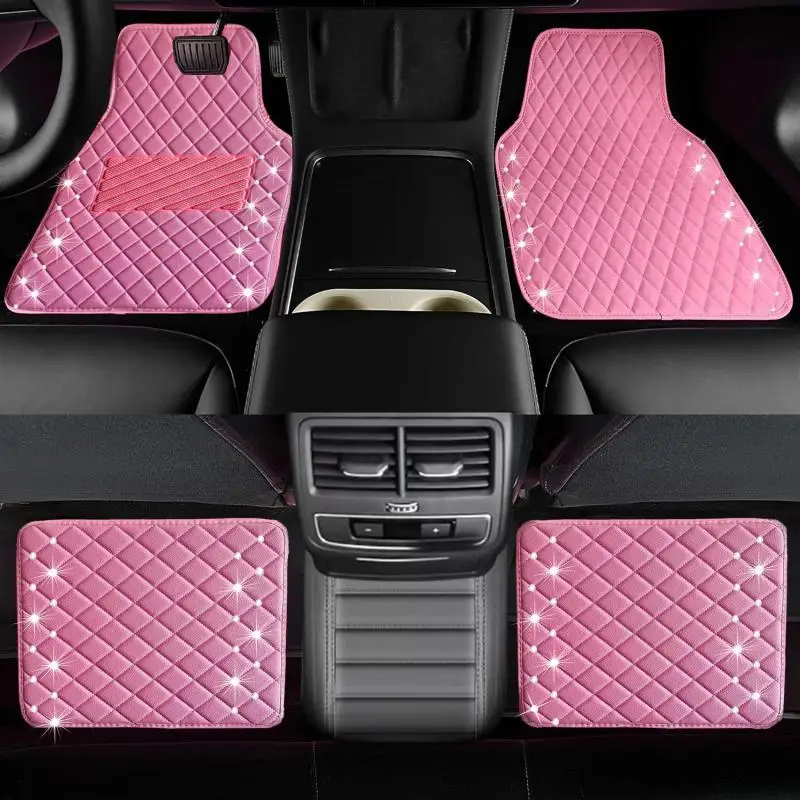 4PCS Pink Car Mats Leather Automotive For Tesla Model 3 Model Y Model S 2016-2024 Foot Pads Stylish Carpet Girls Women Universal