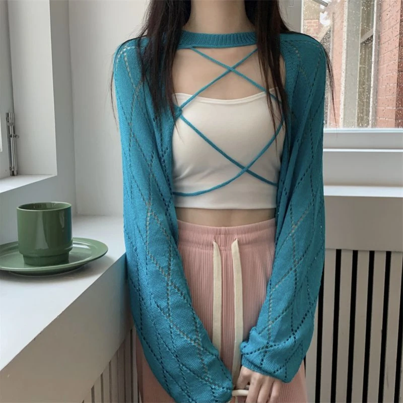 Cardigan Sweaters Women Loose Sun-proof Hollow Out Korean Style Simple Trendy Knitted Spring Solid All-match Outwear Bandage