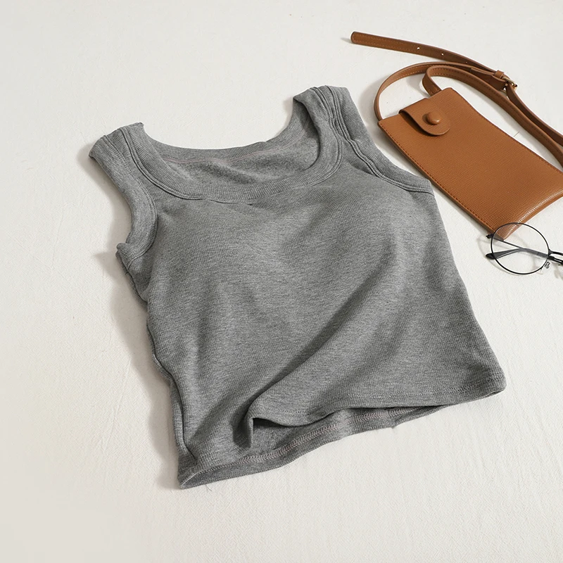 Fanan Women Cotton Casual Tank Tops With Bra Pad Knitting Solid Crop Tops O-Neck Sleeveless Tops For Women 2025 Summer
