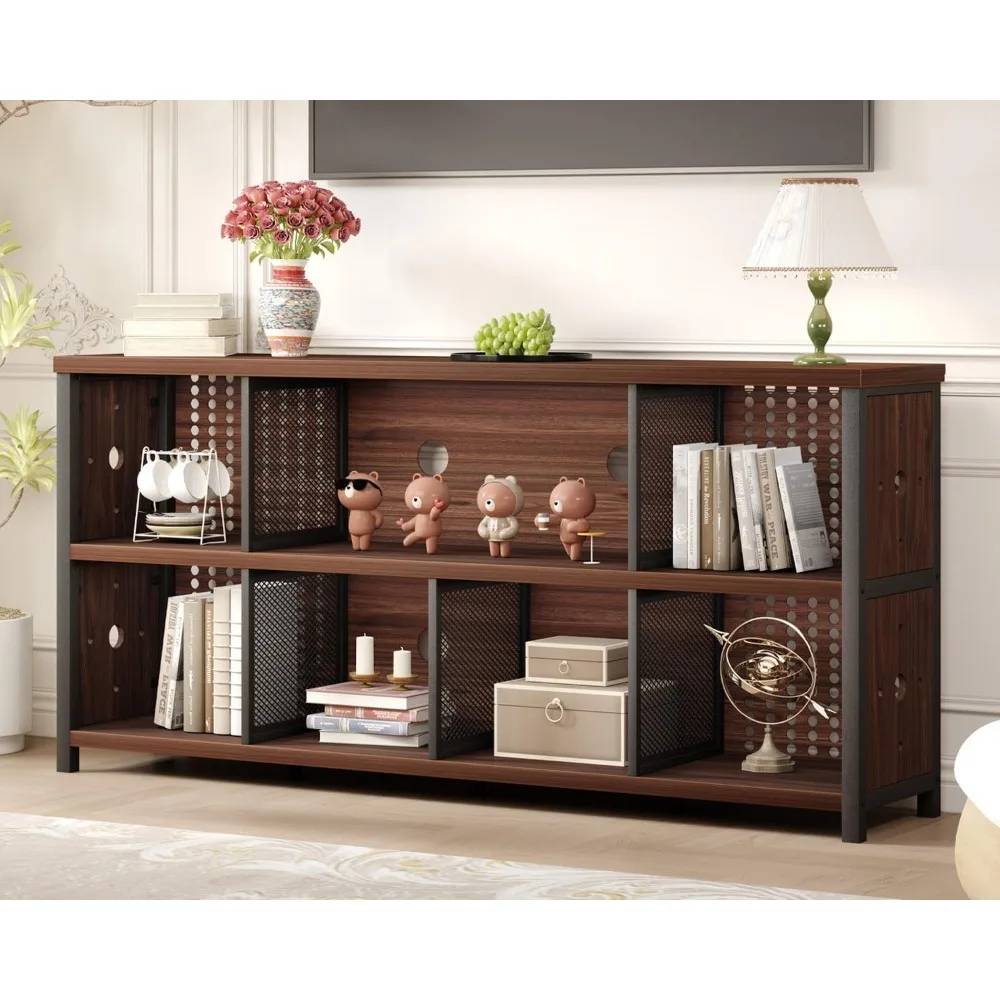 Wood Horizontal Bookshelf, Industrial Long Bookcase Cube Shelf Organizer, Large Wide Low Wooden Metal Cube Book Shelf